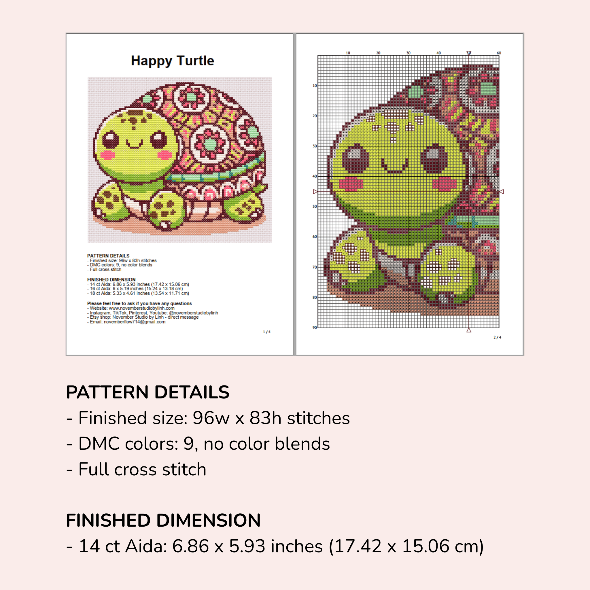 Digital Turtle Cross Stitch Pattern PDF - November Studio by Linh