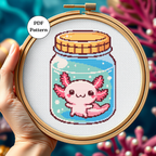 Cross Stitch Pattern Digital Download Pink Axolotl Design Mason Jar Artwork Beginner Friendly Project Modern Pixel Art Style Easy To Follow Instructions Complete Color Guide Printable PDF Format Cute Animal Pattern Home Office Wall Art