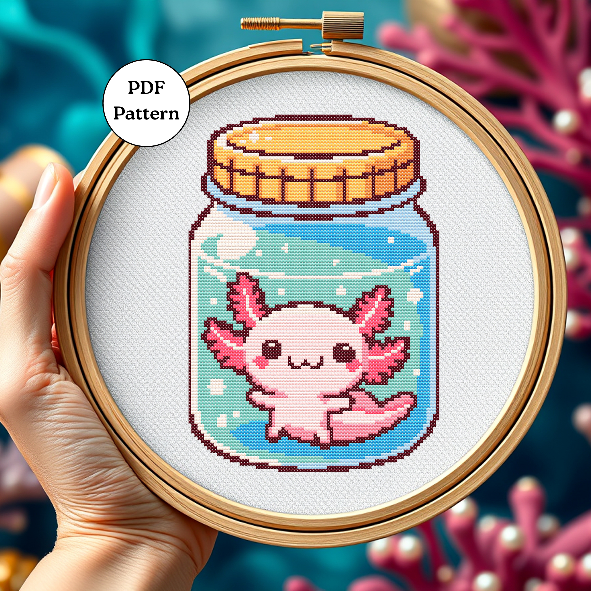 Cross Stitch Pattern Digital Download Pink Axolotl Design Mason Jar Artwork Beginner Friendly Project Modern Pixel Art Style Easy To Follow Instructions Complete Color Guide Printable PDF Format Cute Animal Pattern Home Office Wall Art