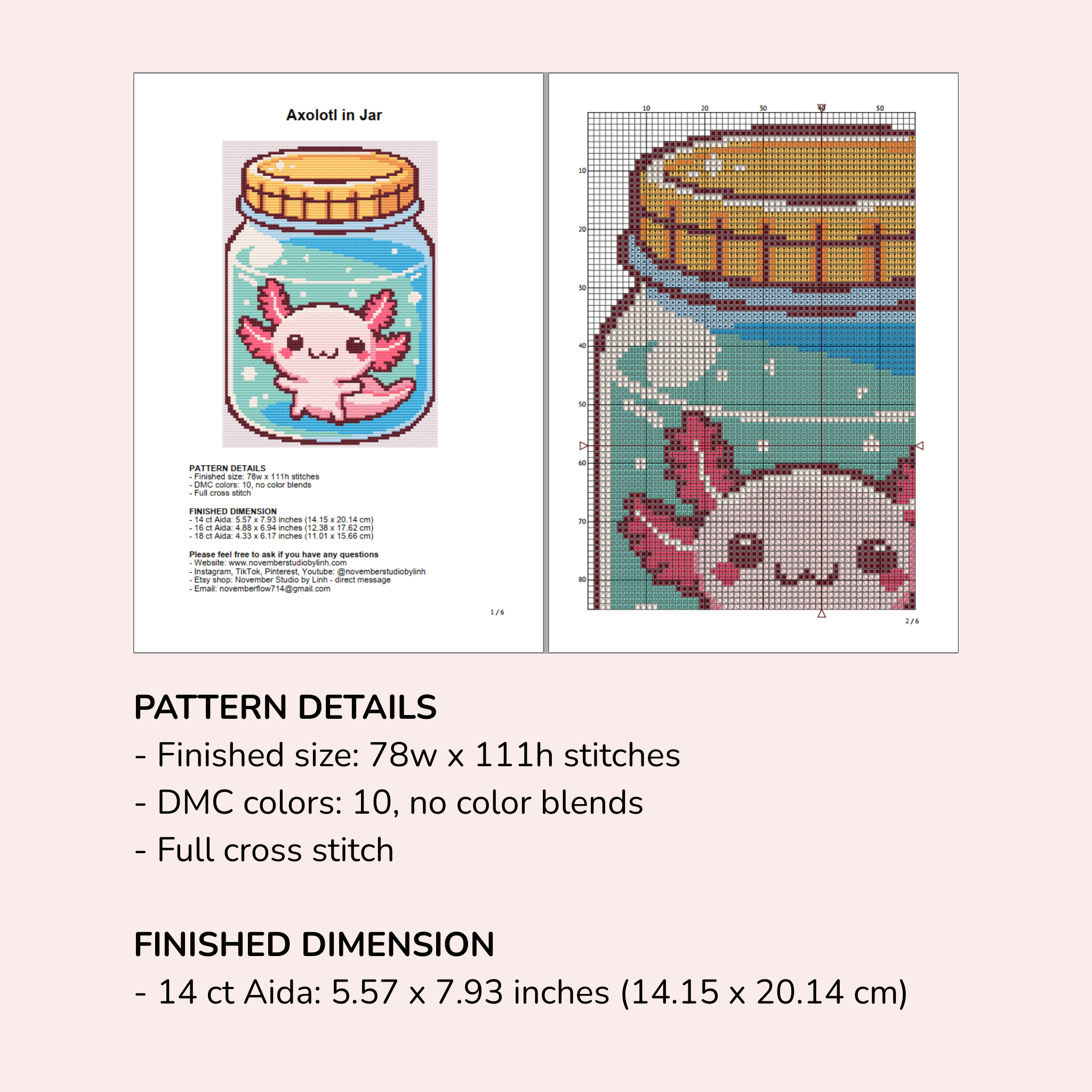 Digital PDF Pattern Modern Cross Stitch Design Pink Axolotl Mason Jar Artwork Pixel Art Style Beginner Friendly Project Easy Craft Instructions Printable Format Complete Color Guide Beautiful Wall Art Display Home Office Decoration